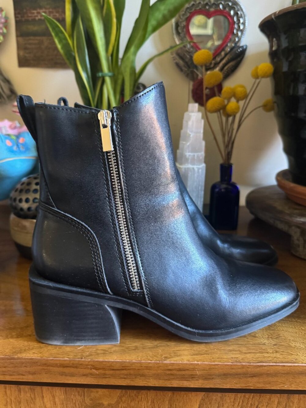 Steve Madden Black Leather Zip Ankle Boots Block Heel Size 9M